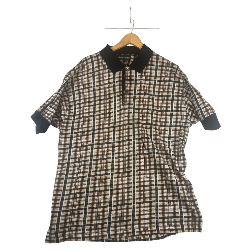 Pierre Cardin Mens XL Brown Grid Plaid Polo Shirt Short Sleeve Cotton Vintage